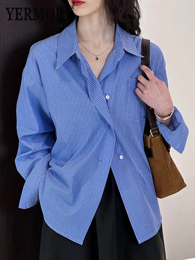 

YERMORA Blue Striped Button Pocket Casual Blouse For Women Lapel Long Sleeve Loose New Shirt Fashion Tide Spring Autumn 22026