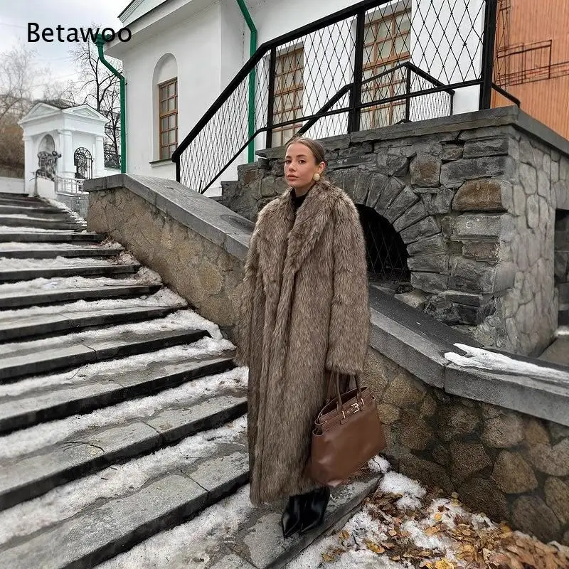 Women Notched Lapel Long Faux Fur Coat Open Front Shaggy Fluffy Maxi Jacket Thick Warm Winter Luxury Street Outerwear