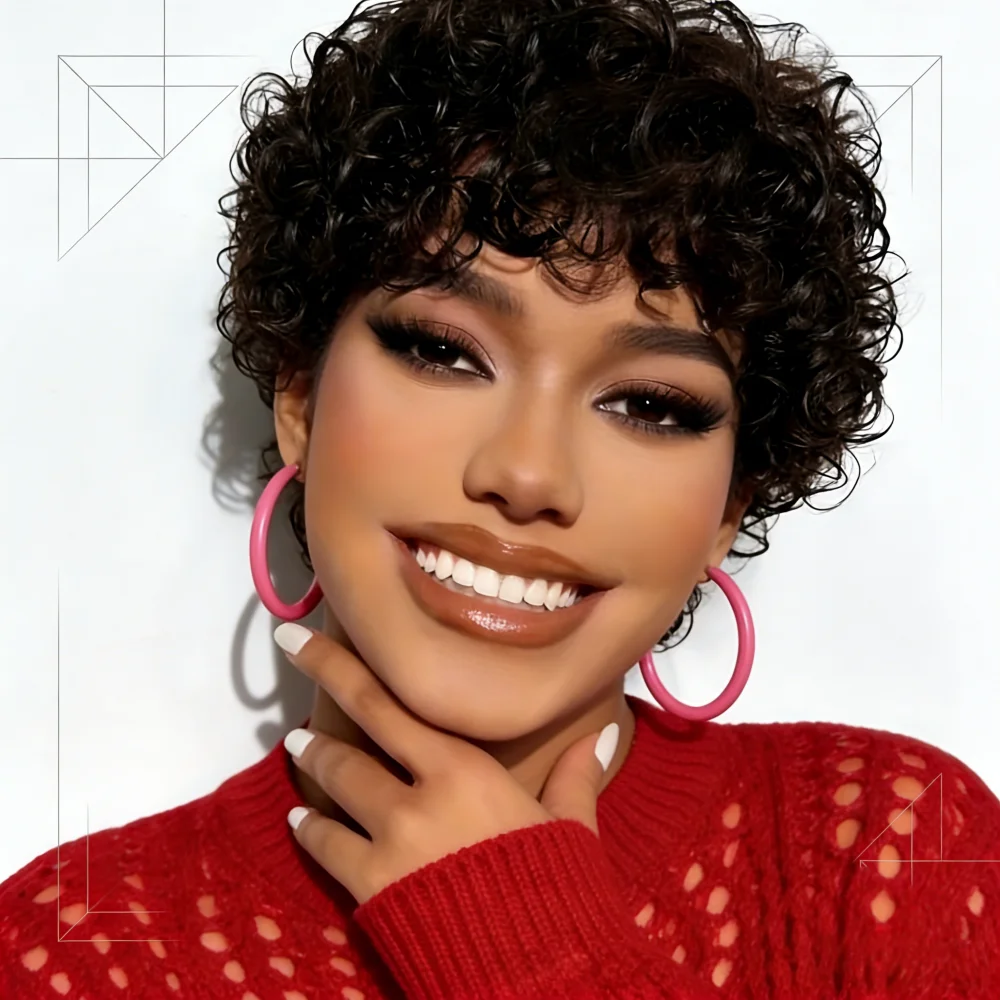 

Женский парик машинного производства - короткие вьющиеся с челкой, плотность 150%, естественная вьющаяся волна, короткая стрижка для женщин