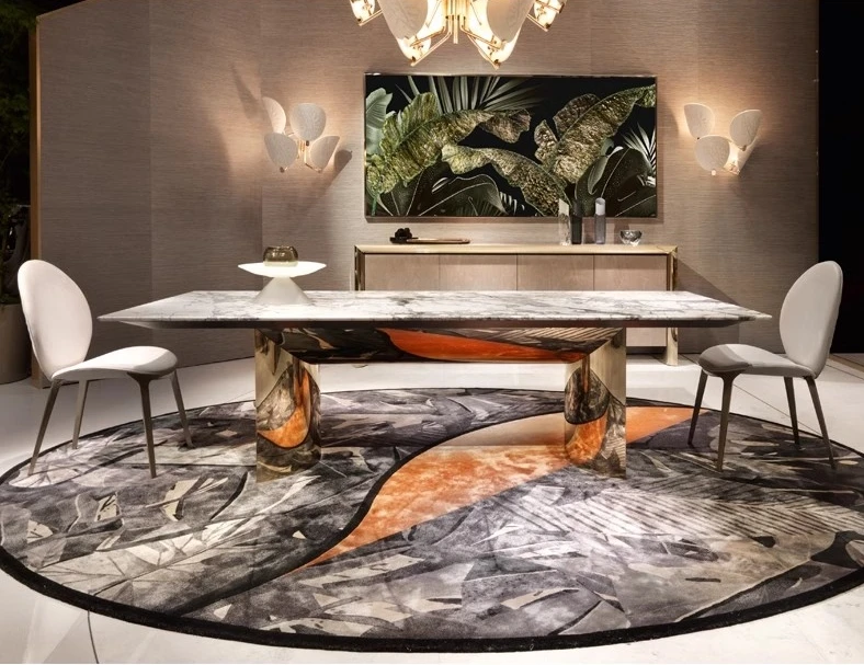#￥forMR Luxury Stainless Steel Frame Dining Table Set Marble Top Rectangular Dining Table with Chairs for Home Hotel Furniture
