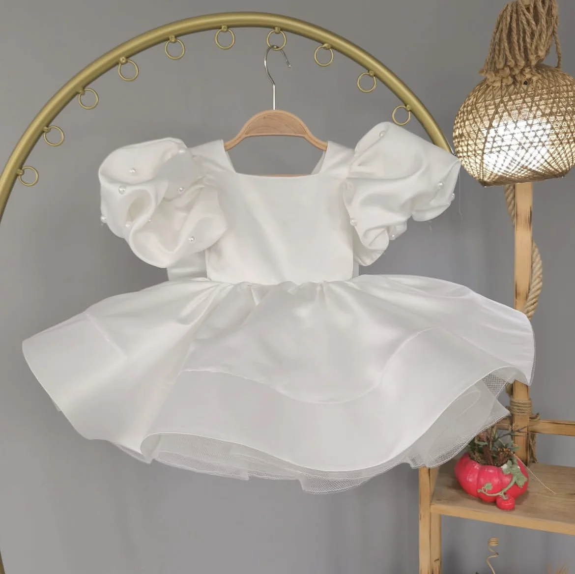 0-12Y Baby Girl Summer Pearl Embridery Vintage Princess Ball Gown White Dress for Party Eid Birthday Casual Photography B108