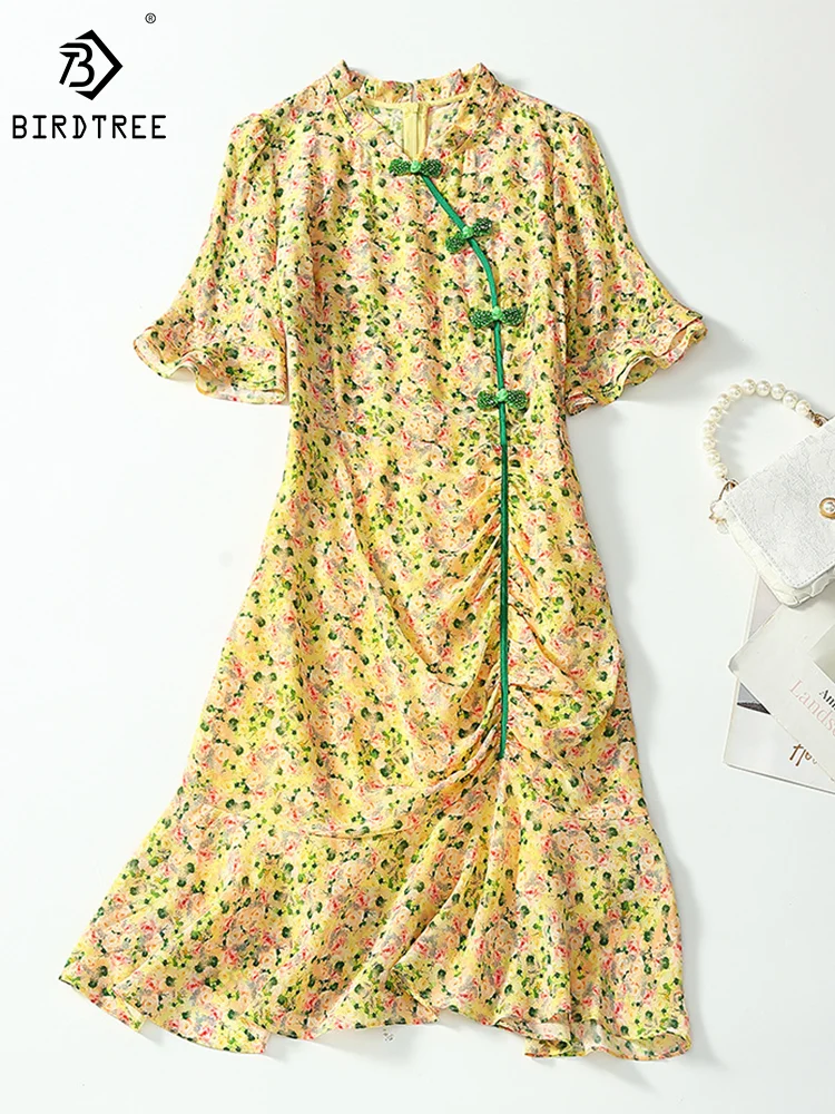 

Birdtree 100%Mulberry Silk Floral Print Dresses Fashion Sexy Ruffle A-line Retro Party Women's Dress Summer Autumn New D38046QM