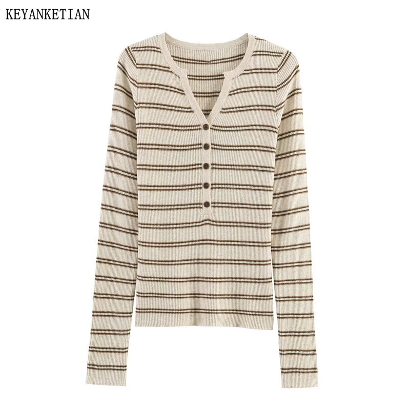 KEYANKETIAN 2026 Spring New American Retro Striped Knit Henley Top Women Slim Fit V Neck Long Sleeve Button Detail Pullover Thin