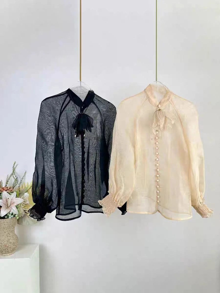 

Through Blouse Tops 2025 High Quality Beige Long Sleeve Flowers Appliqued See