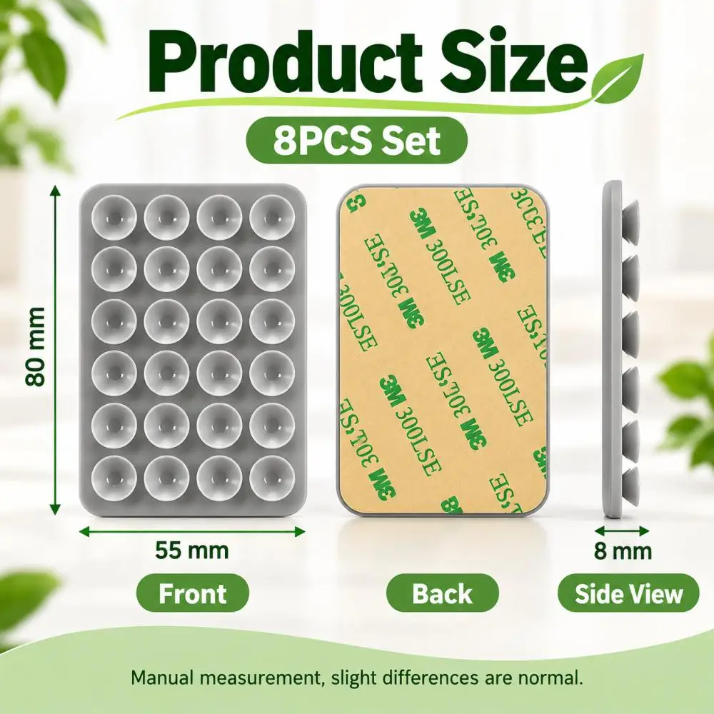 8 Pcs Gray Square Suction-Cup Back Stickers for Phone Holder Floor Mat Tabletop Steady Holding Gripping Pads Home Use