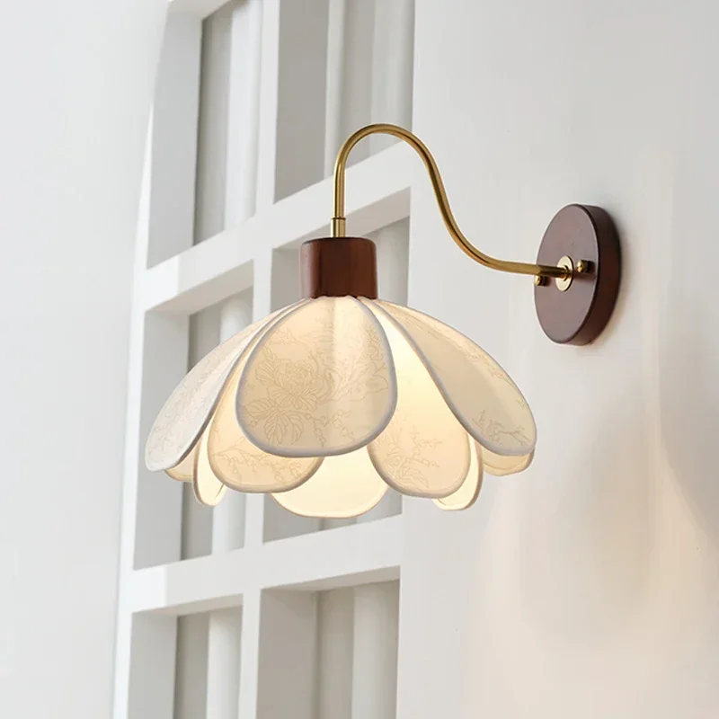 

Wabi Sabi Japanese Fabric Wall Lamp Vintage Wood Wall Sconce Living Room Bathroom Mirror Lights Bedside Wall Light Home Decor