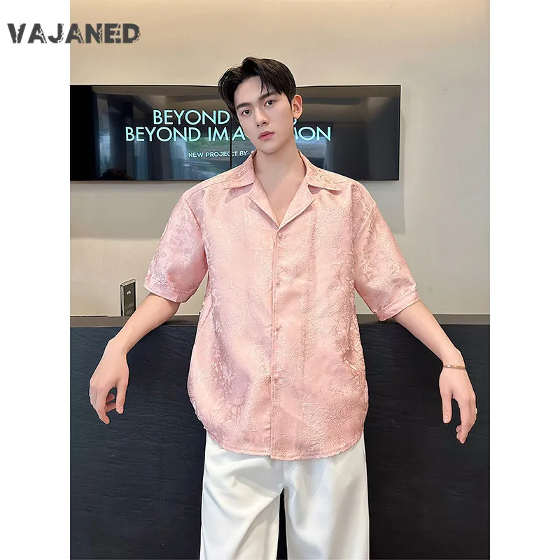

VAJANED personalized three-dimensional jacquard Cuban collar men's short-sleeved shirt Korean casual party loose shirt pink