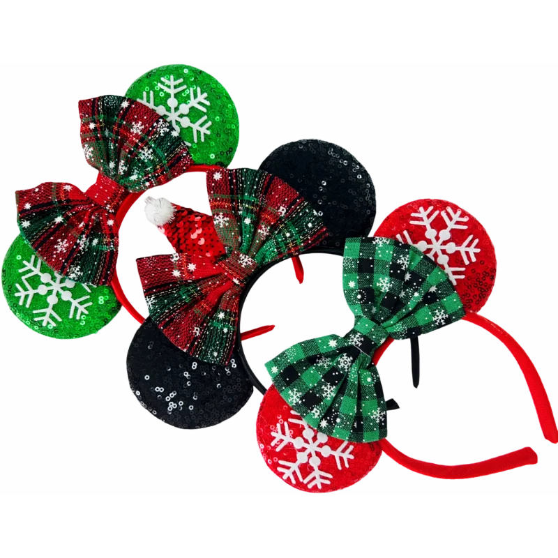 2024 Mickey Mouse Ears Headband Christmas Snowflake Festival Sequins Bow Hairband Women Girls Party Hair Accessories Gift