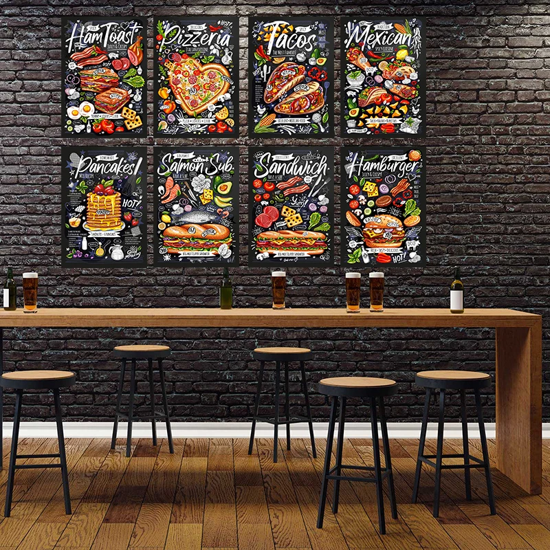 

8Pcs Restauran Kitchen Food T Decor Posters and Prints Fries Burger Pizza Sandwich Canvas Paintings for Room Still Life Wall Art