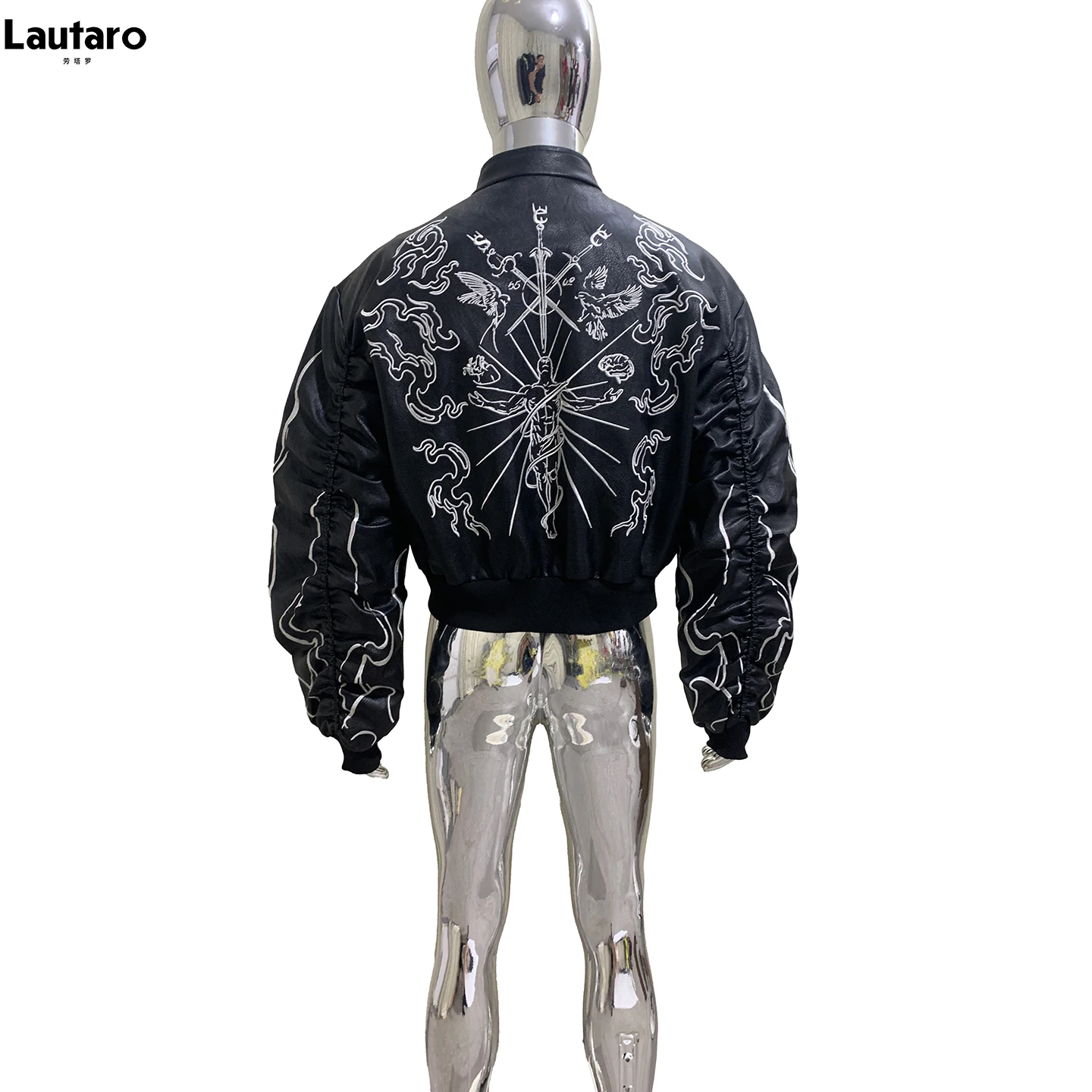 Lautaro Autumn Cool Short Embroidery Pu Leather Jacket Men with Drawstring Sleeves Luxury Emo Menswear Punk Style Zip Up Clothes