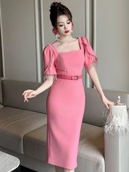 Elegant Chic Prom Dress Women's Fashion French Design Pearl Tassel Belt Sashes Slim Robe Femme Birthday Party Date Vestidos Lady