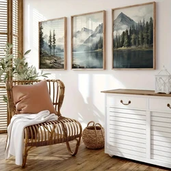 Canvas Wall Art Set of 3 Modern Green Landscape Retro Watercolor Mountain Lake Painting Poster Living Room Home Decor No Frame