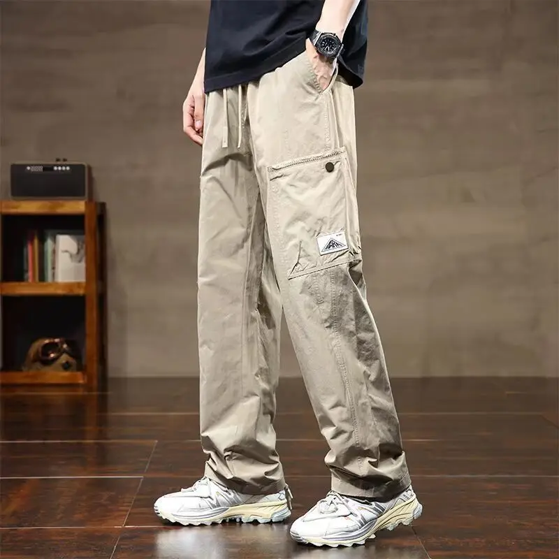 

Мужская одежда, весенне-осенние однотонные эластичные карманы, повседневные свободные брюки с высокой талией, широкие брюки-карго, корейские модные брюки