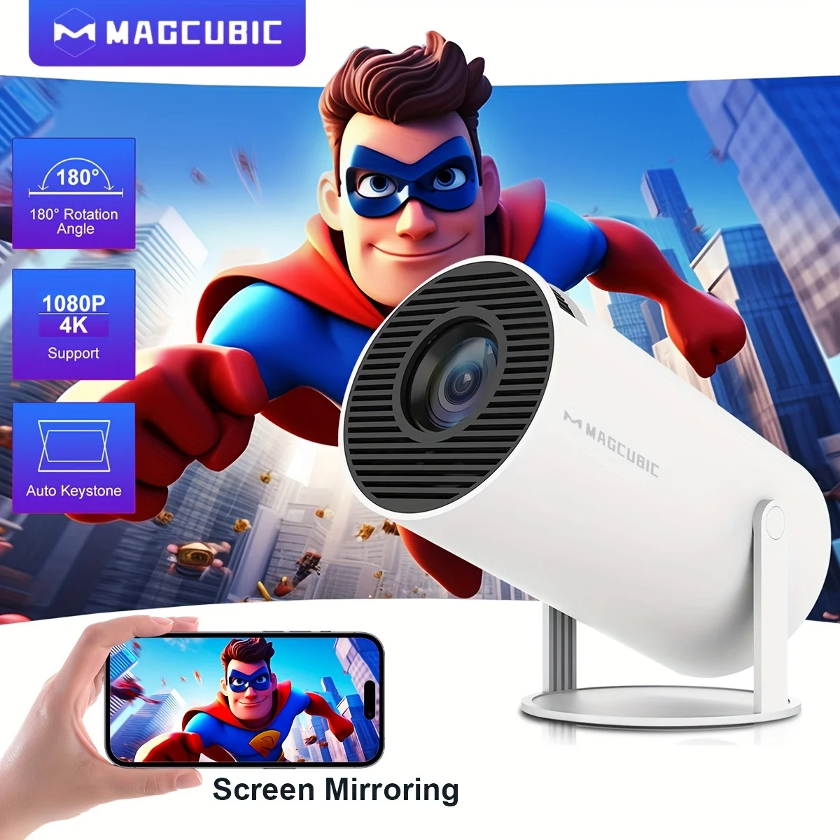 Magcubic HY300Pro Projector With Screen Mirroring System US plug Hi-chip A3100 200ANSI Native 1280*720P Dual wifi Home Cinema