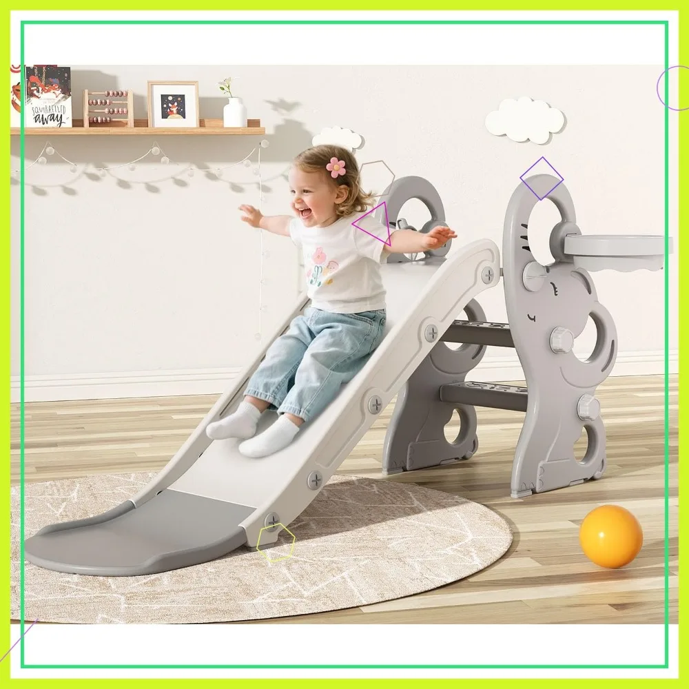 

Foldable Toddler Slide with Basketball Hoop & Ring Toss, Indoor Outdoor Playset for Kids Ages 1-3