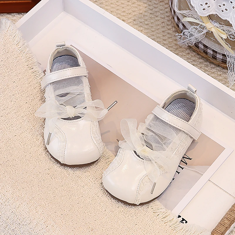 Girls Princess Shoes Silver Beige Summer Lace Bow Mary Janes Hook and Loop Strap Soft Sole School Casual Footwear for Big Kids