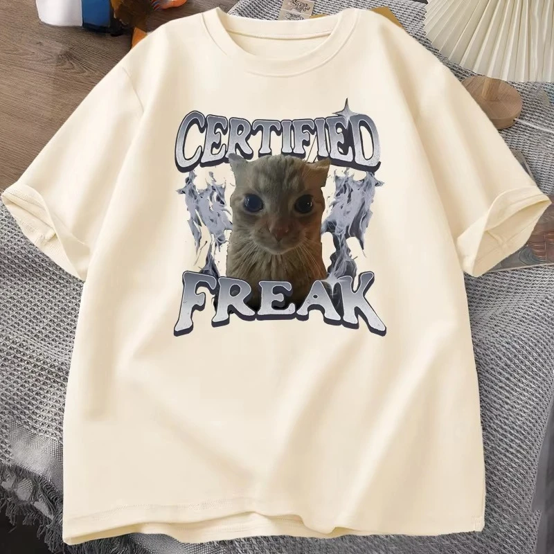 Certified Freak Funny Cat Meme T-Shirt Men Women Vintage Kitty Graphic Tee Funny Pet Humor Unisex 90s Y2k Clothes Cotton Tshirt