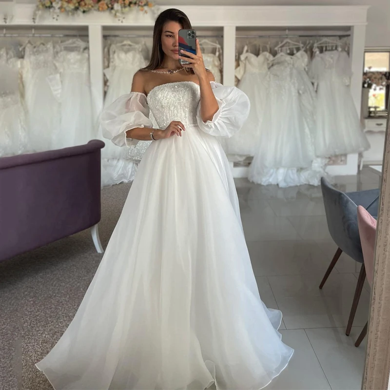 

Eightre Boho Beach Wedding Dresses White Stralpless Sequines Bride Dress A-Line Puff Sleeve Wedding Evening Prom Gowns Plus Size