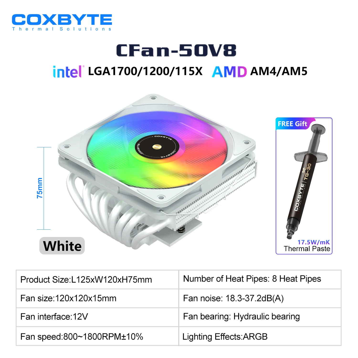 Coxbyte ITX CPU-koeler 4-pins PWM RGB 8 warmtepijpen luchtkoeler Intel LGA1700 1150 1155 1156 115X 1200 processorkoeler koelventilator