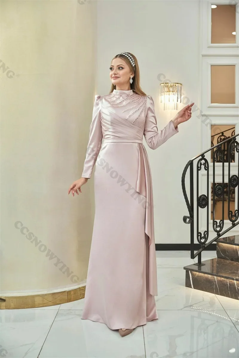 

Muslim Satin Appliques Beaded Evening Gown Islamic Long Sleeve Hijab Formal Party Dresses Arabic Dubai Women Robe De Soiree