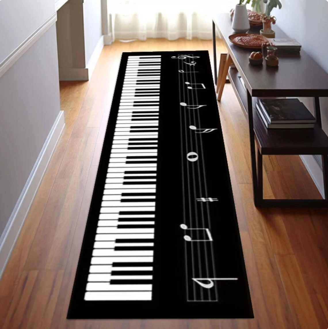 Piano Keys Runner Rug Musical Notes Corridor Carpet Non-slip Black White Floor Mat for Hallway Music Room Kitchen Home Decor