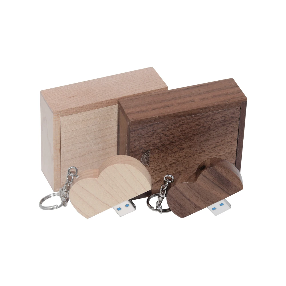 10PCS/LOT USB 3.0 Flash Drive  Free Logo with chain Pen Drive 128GB 64GB 32GB16GB8GB Wooden Heart Box Memory Stick  Wedding Gift