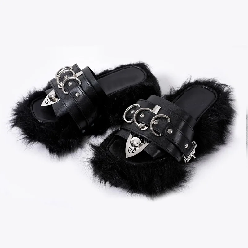 

Summer Outdoor Cool Sexy Women Plush Slippers Metal Punk Style Female Flat Shoes Round Toe Furry Platform Ladies Gothic Sandals