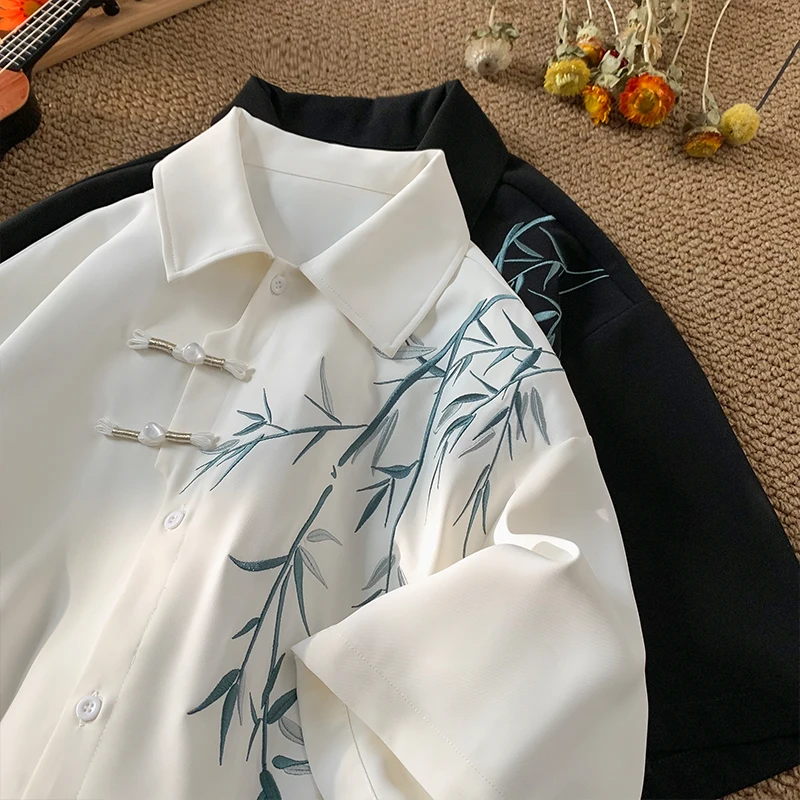Men's Short Sleeve Embroidery Shirt Asian Style Trend White Black Shirts Summer Casual Button Down Blouses