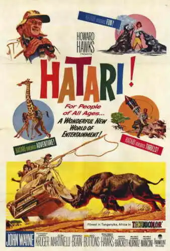 Póster de seda de la película HATARI, John Wayne, Elsa Martinelli, Red Buttons, Hardy Kruger, pintura mural