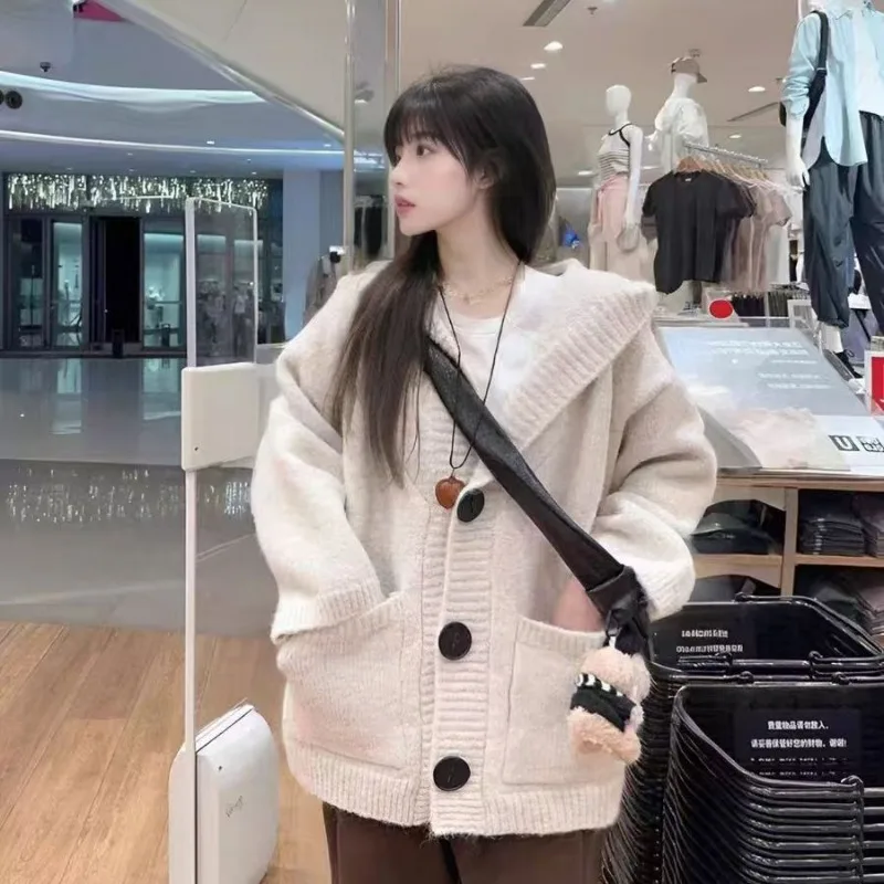 Kardigan Rajut Kasual Musim Gugur dengan Saku, Sweater Wanita Baru Musim Dingin Kerah V Lengan Panjang Longgar, Rajutan Warna Solid Elegan