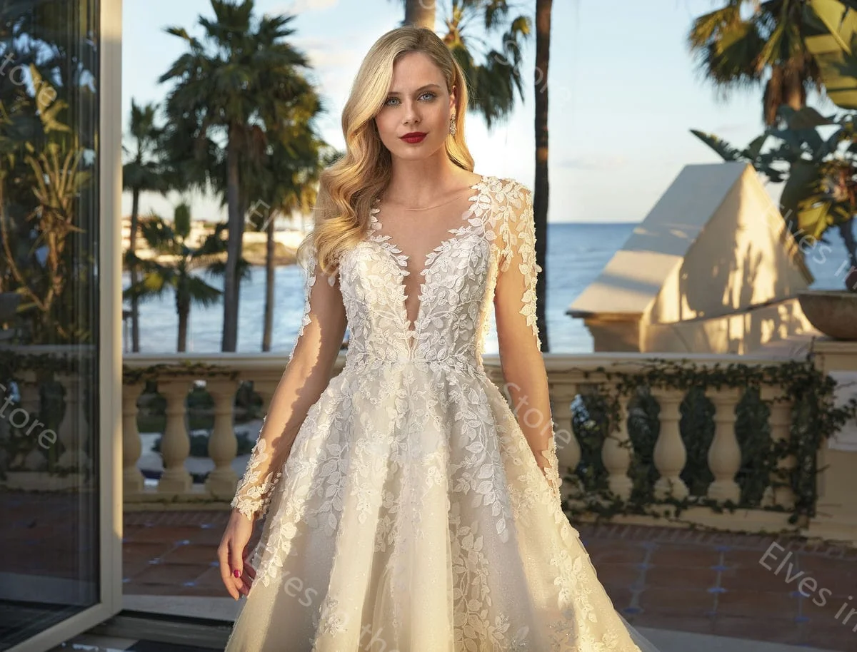 Vestidos De novia sencillos De línea A, Vestidos De novia con cuello transparente De encaje encantador, Vestidos De novia sexis De manga larga hasta el suelo, Vestidos personalizados De Mariee