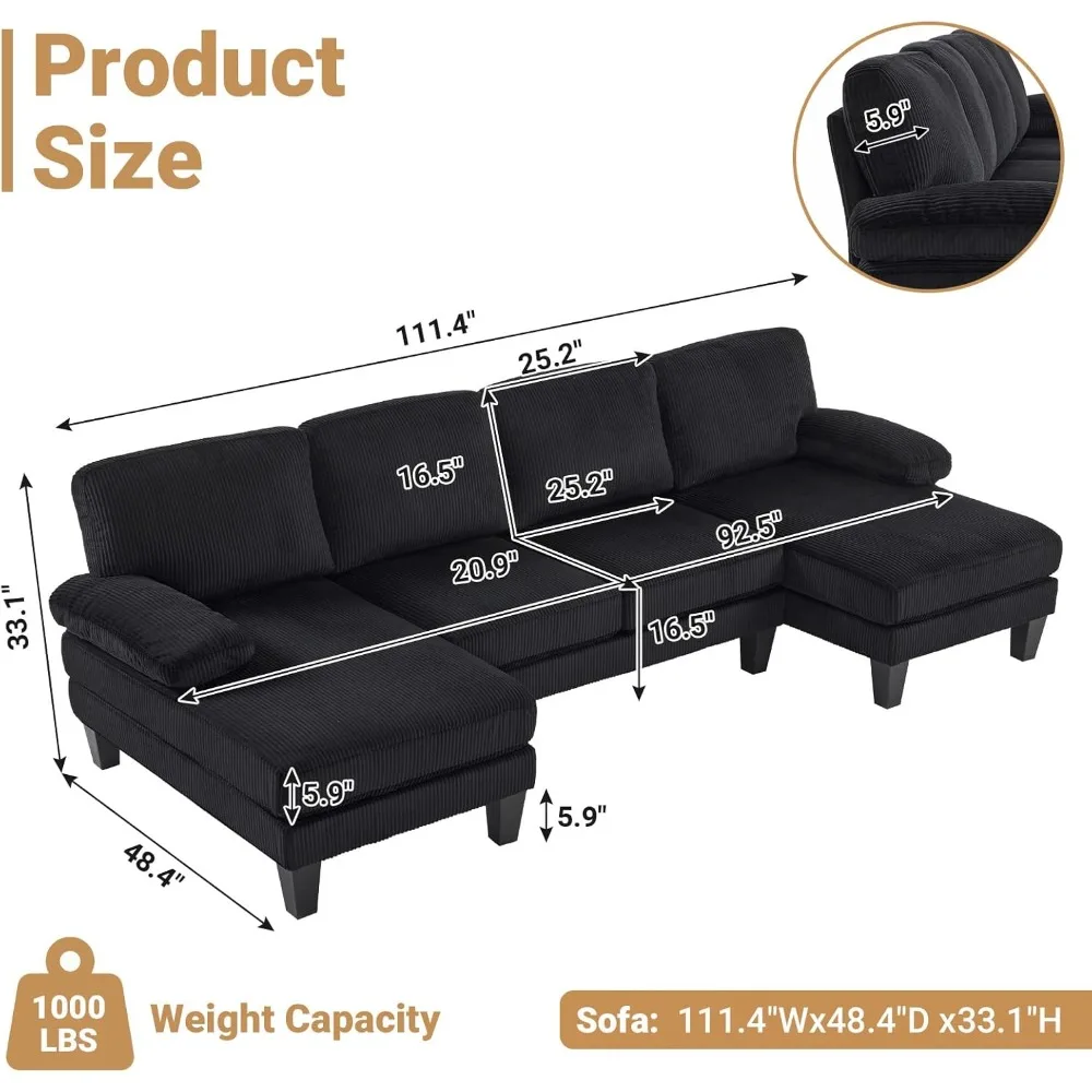 Sectional Couches for Living Room U Shaped Couch with Double Chaise 4-Seat Sofa Set