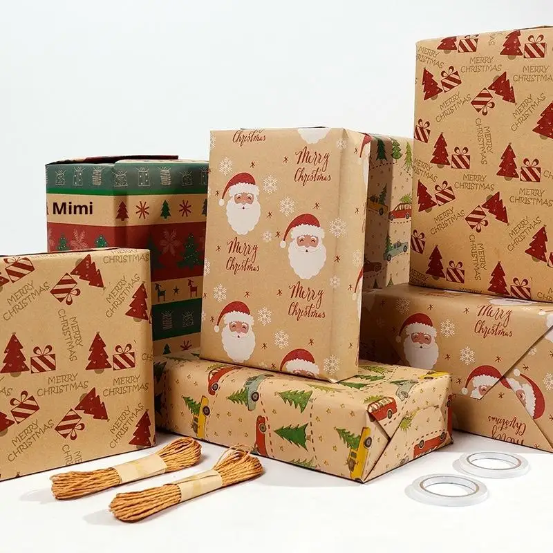 1 لفة من ورق تغليف عيد الميلاد - تصميم غزال لطيف، المخططين والأكواب، مناسبة للهدايا، هدايا مصنوعة يدويًا، تغليف الهدايا