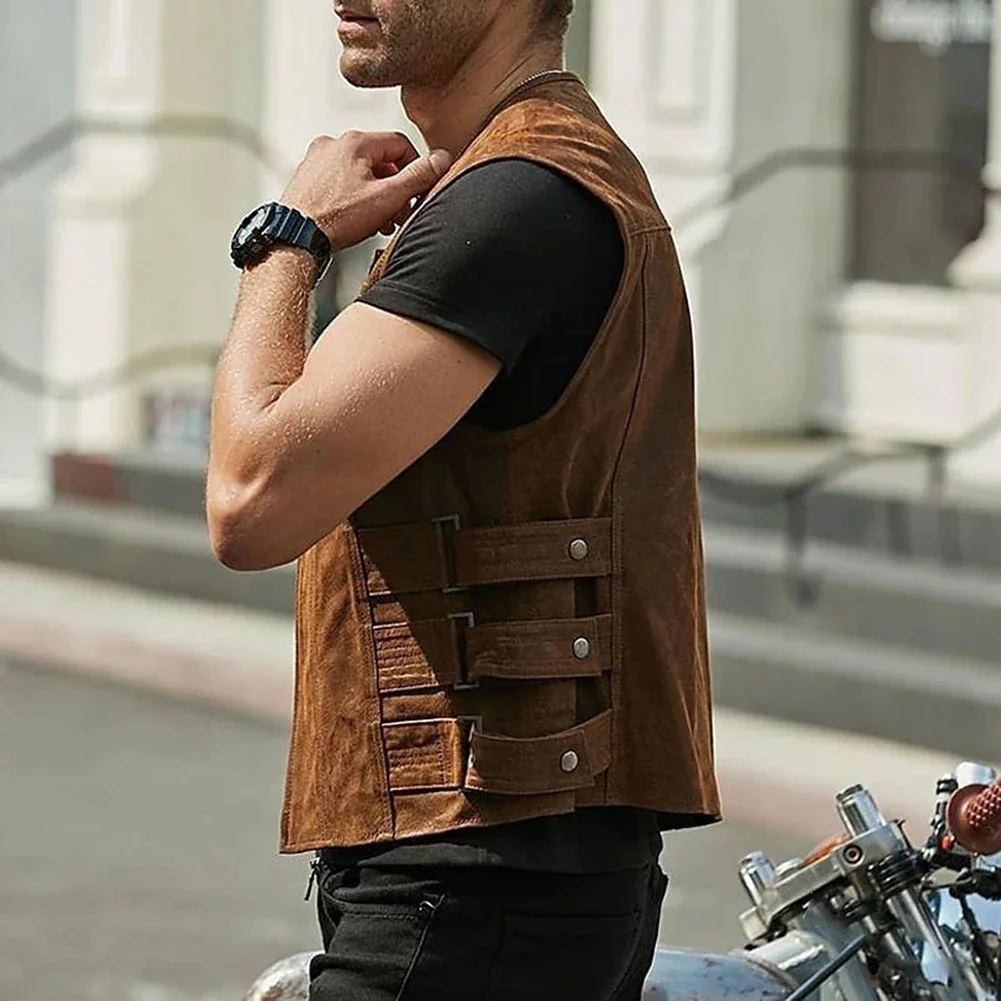 Autumn Men Biker Faux Leather Vest Jacket Waistcoat Motorcycle Vest Solid Color Zip Up Cardigan Vest Tops Male Streetwear