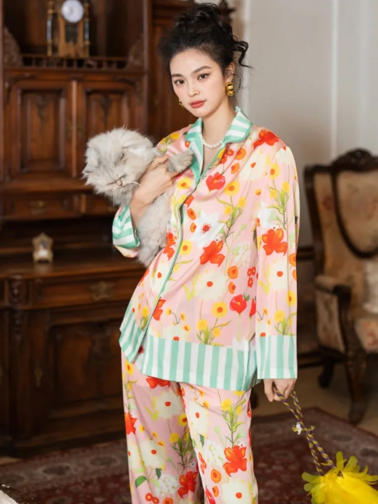 Satin Pajamas Women's Set Floral Printed Ice Silk Stripe Spliced Long Sleeve Pants Home Suit Set Sleepwear Pijama Can Be Outworn