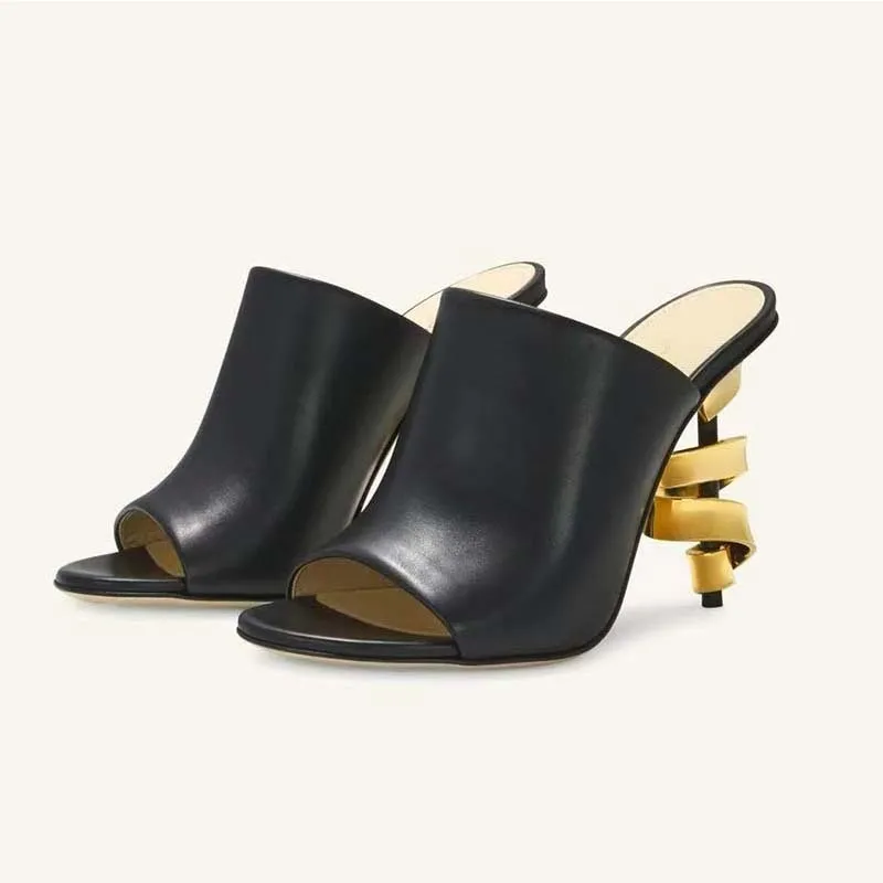 Модные тканые сабо особой формы на высоком каблуке, нишевые круглые тапочки с открытым носком, удобная женская обувь из мягкой кожи