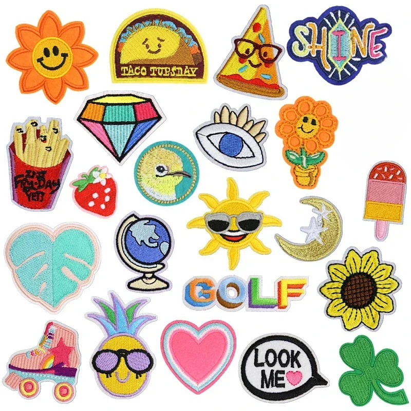 

50pcs/Lot Luxury Anime Embroidery Patch Love Fries Sun Moon Cloud Skate Bird Golf Clothing Decoration Accessory Craft Applique