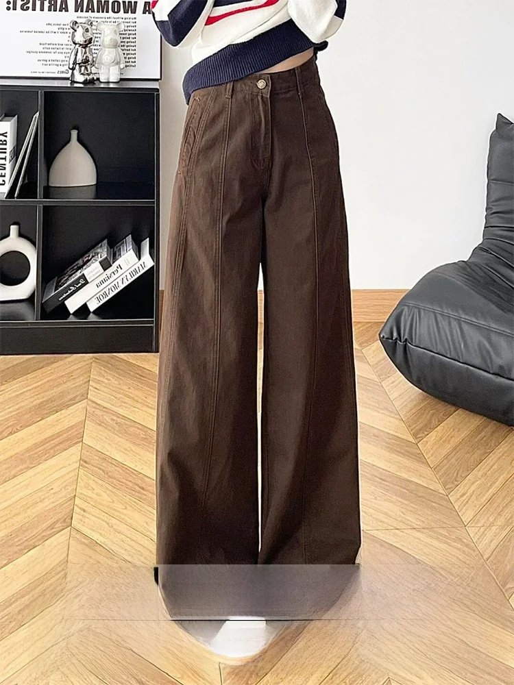 

Американские джинсы с высокой талией и широкими штанинами, женские, цвет кофе, свободного кроя, осенне-зимние, новые, прямые, для фигуры типа «груша»