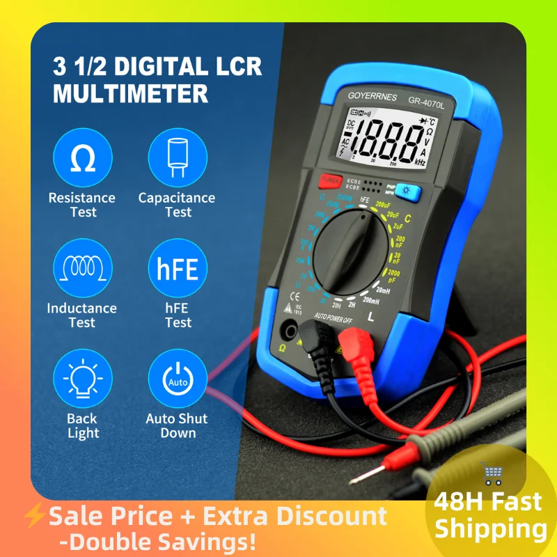 

Digital LCR Meter Multimeter 2000MΩ/200μF/20H Capacitor Inductor Tester Transistor hFE Auto Range Backlight Overload Protection