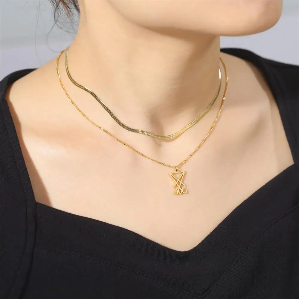 HIPEE Stainless Steel Double Layered Necklace for Women Snake Chain Choker With Hollow Small Inverted Triangle Pendant Necklaces