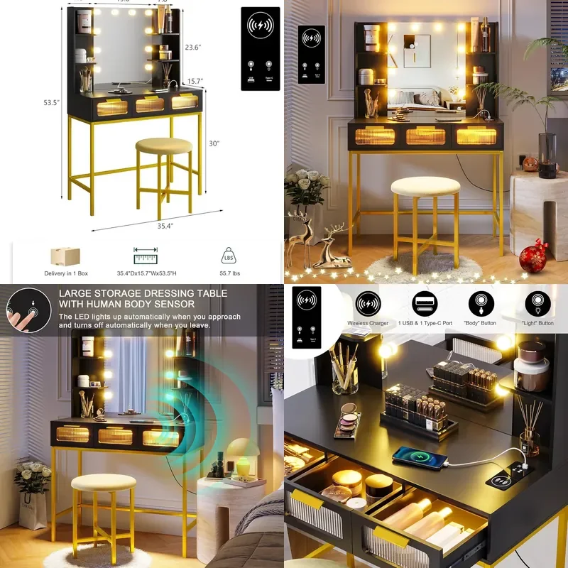 Compact LED Vanity Table with 10 Bulbs Mirror 3 Drawers Stool Charging Station Small Makeup Desk for Bedroom