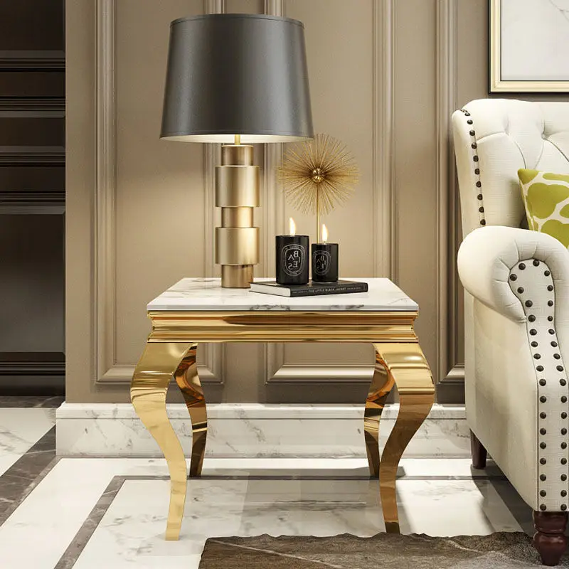 A few small coffee tables with luxurious gold edges. Marble tempered glass cube A few high-grade square corners beside the sofa