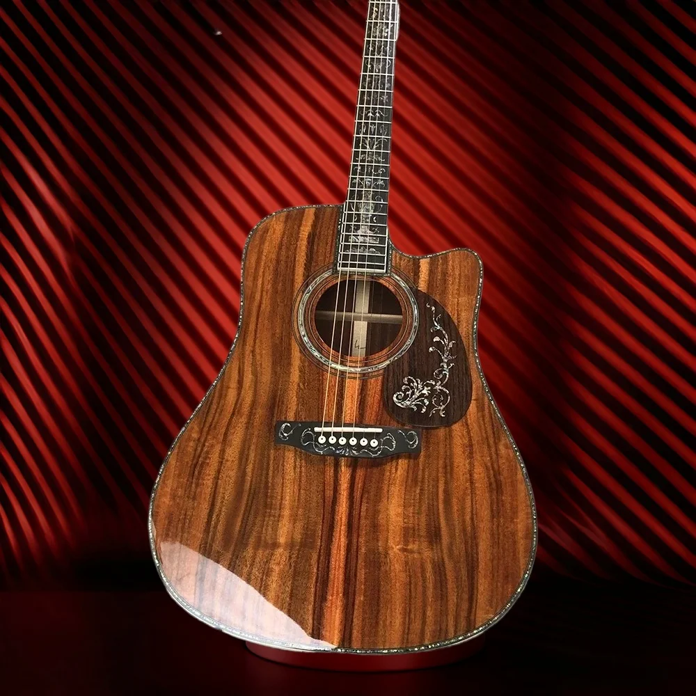 D45 Golden Tiger‑Stripe Koa Cutaway Acoustic Guitar Engraved Pickguard Abalone Binding Professional Folk Fingerstyle Performance