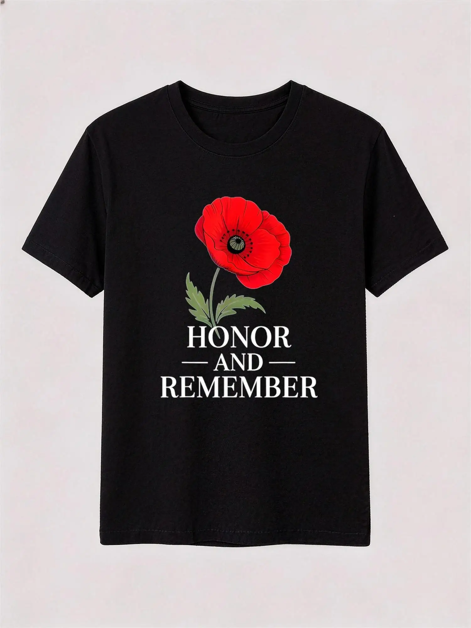 Men And Summer T Shirt Red Poppy Flower with Green Stem And Leaves Honor And Remember Text on Black Background Memorial Day Fashionable And Versatile Casual Crew Neck Allseason Tee for Everyday Outdoor Activities Delivery As