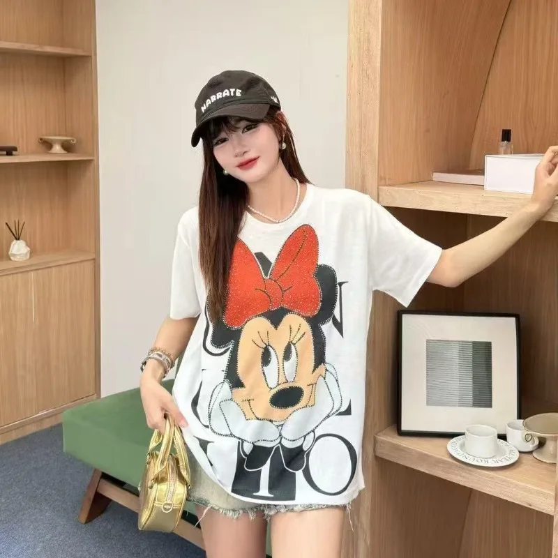 

Ice Silk Linen T-Shirt Women's Summer Ins Trendy European Japanese Style Heavy-Duty Rhinestone Cartoon Loose Casual Tees