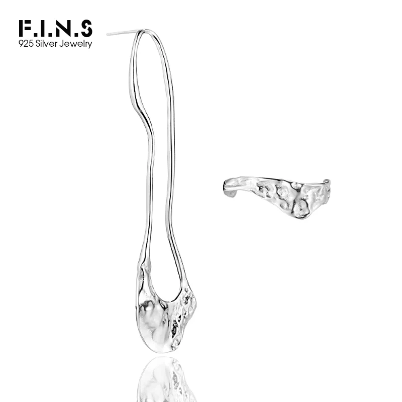 

F.I.N.S Concave and Convex Surface S925 Sterling Silver Asymmetric Drop Earrings Unique Long Irregular Lines Fine Earrings