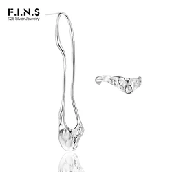F.I.N.S Concave and Convex Surface S925 Sterling Silver Asymmetric Drop Earrings Unique Long Irregular Lines Fine Earrings
