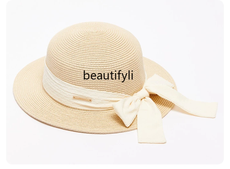 Pastoral elegant flat-brimmed straw hat visor bow hat summer