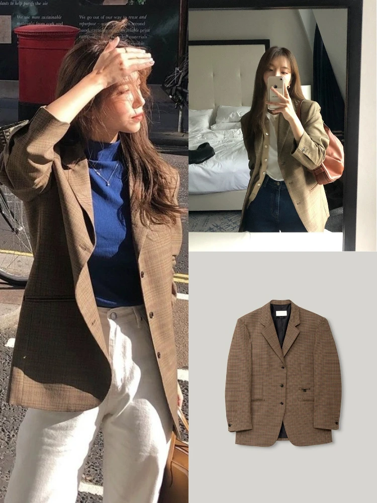 

Коричневый клетчатый свободный женский костюм в стиле ретро в стиле ретро, винтажное пальто с длинным светом и классическим воротником на одной пуговице