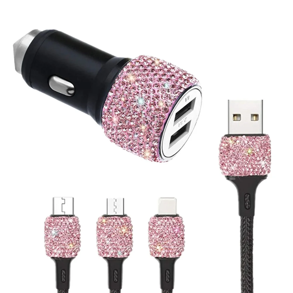 Pengisi daya mobil USB Bling baru 5V 2,1 A adaptor Cepat Port ganda dekorasi mobil warna merah muda Aksesori Interior mobil berlian untuk wanita